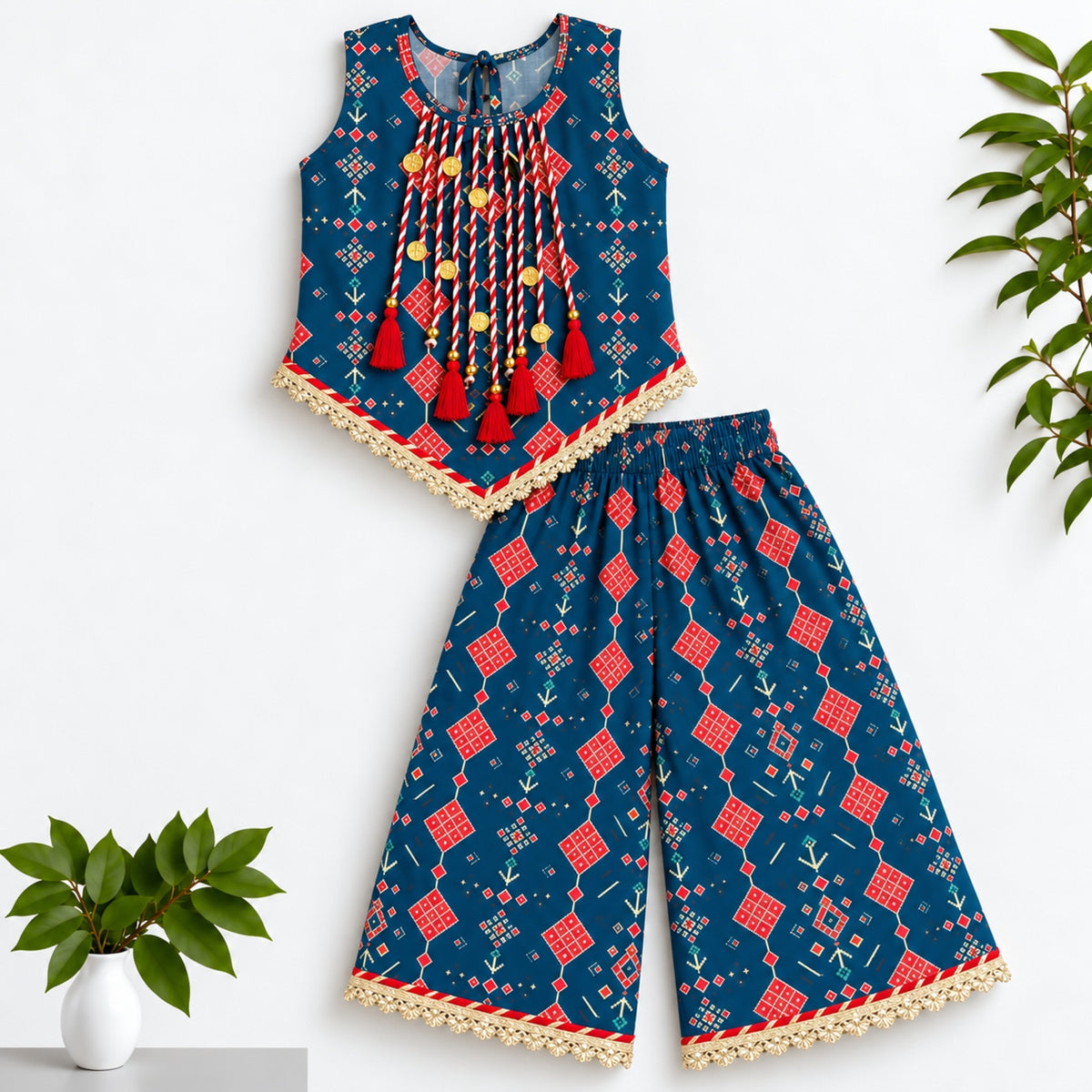 The Magic Wand Woven Sleeveless Geometric Printed Statement Tassel Detailed And Laced Top And Palazzo Set - Navy Blue