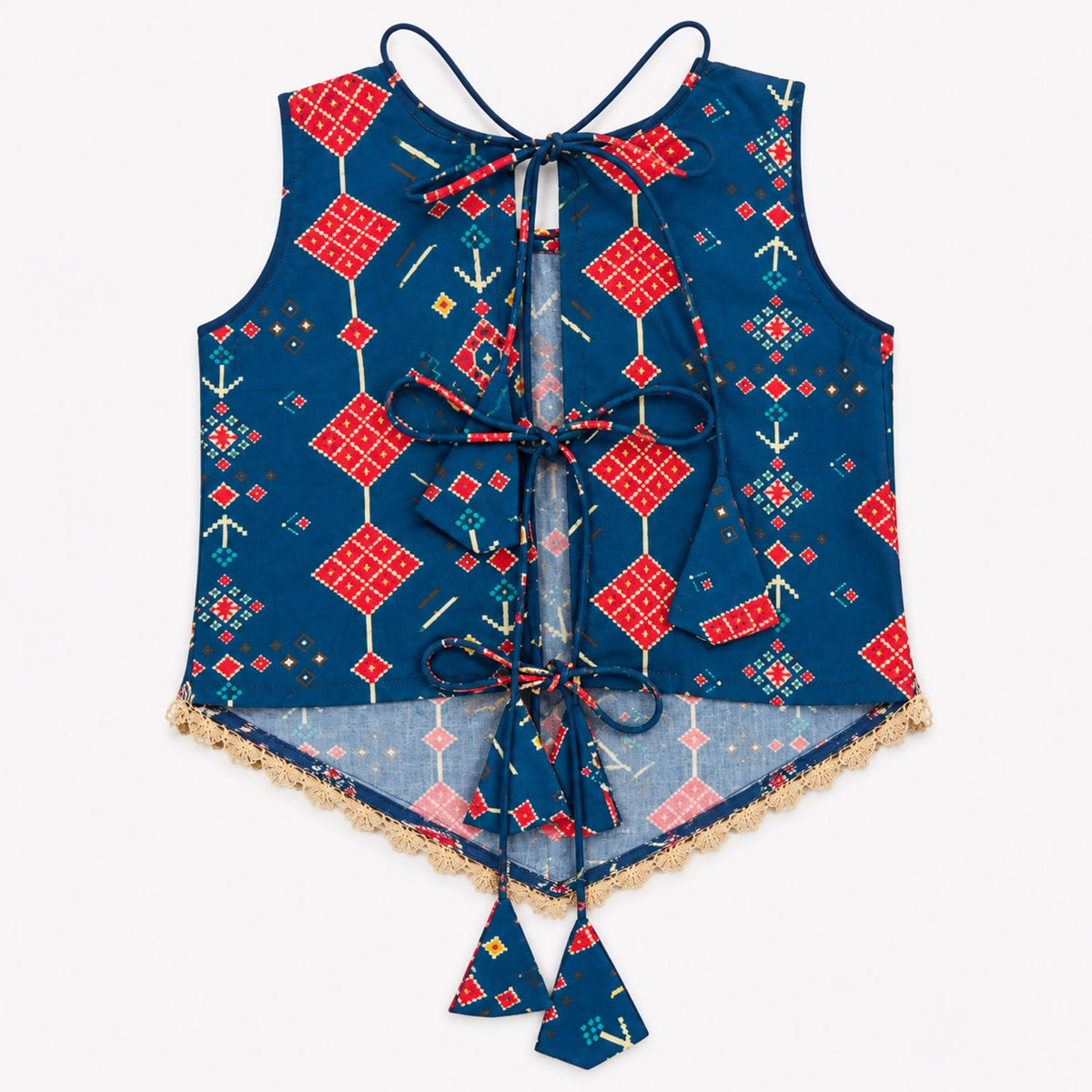 The Magic Wand Woven Sleeveless Geometric Printed Statement Tassel Detailed And Laced Top And Palazzo Set - Navy Blue