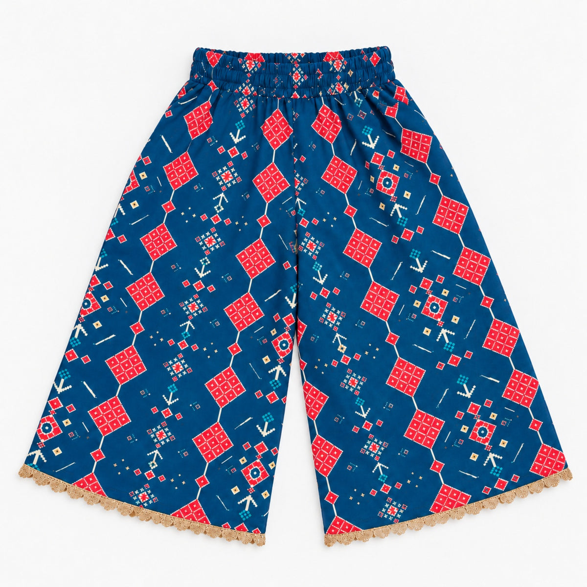 The Magic Wand Woven Sleeveless Geometric Printed Statement Tassel Detailed And Laced Top And Palazzo Set - Navy Blue