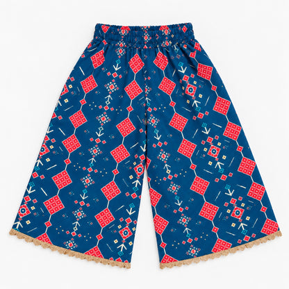 The Magic Wand Woven Sleeveless Geometric Printed Statement Tassel Detailed And Laced Top And Palazzo Set - Navy Blue