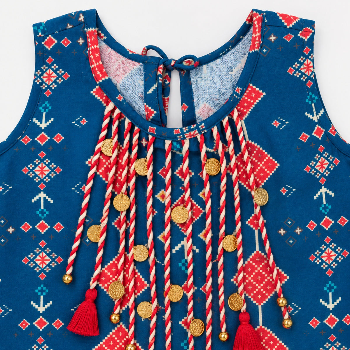 The Magic Wand Woven Sleeveless Geometric Printed Statement Tassel Detailed And Laced Top And Palazzo Set - Navy Blue
