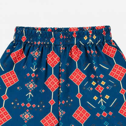 The Magic Wand Woven Sleeveless Geometric Printed Statement Tassel Detailed And Laced Top And Palazzo Set - Navy Blue