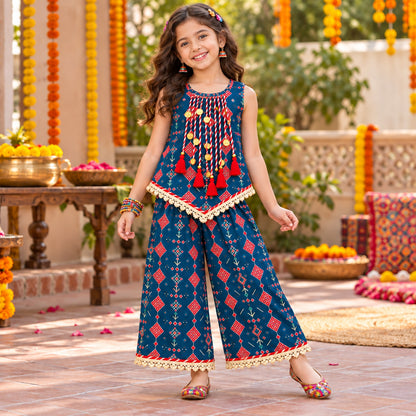 The Magic Wand Woven Sleeveless Geometric Printed Statement Tassel Detailed And Laced Top And Palazzo Set - Navy Blue
