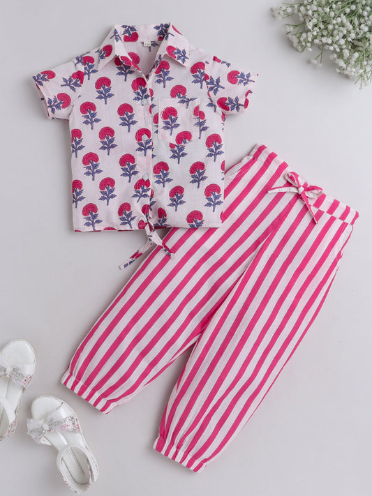 Hand Block Printed Cotton Half Sleeves Tie up Shirt and Striped Harem Pant Set For Girls Fuchsia