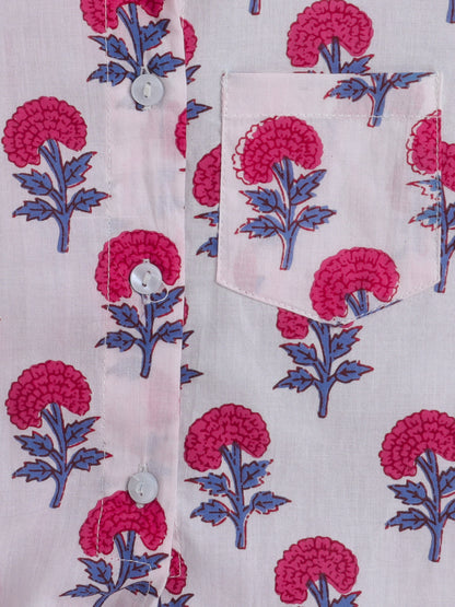 Hand Block Printed Cotton Half Sleeves Tie up Shirt and Striped Harem Pant Set For Girls Fuchsia