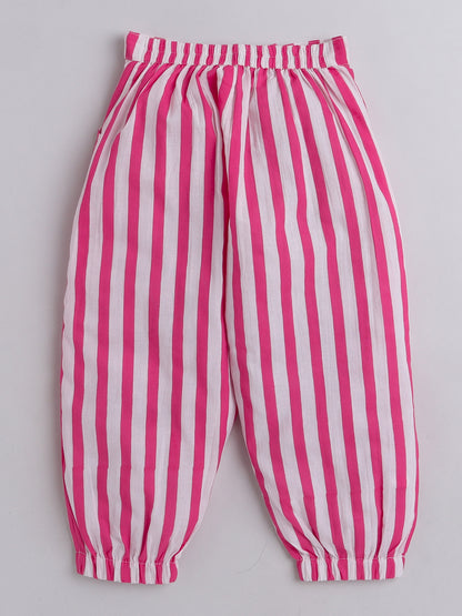 Hand Block Printed Cotton Half Sleeves Tie up Shirt and Striped Harem Pant Set For Girls Fuchsia