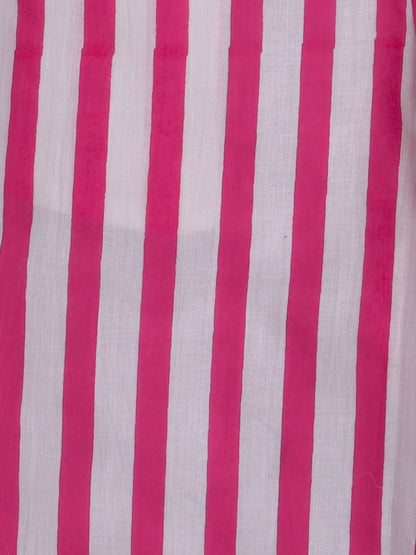Hand Block Printed Cotton Half Sleeves Tie up Shirt and Striped Harem Pant Set For Girls Fuchsia