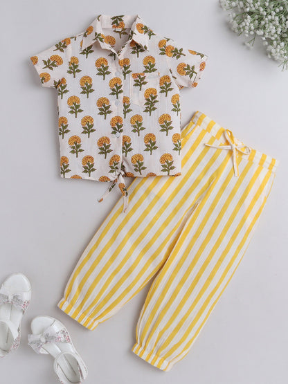 The Magic Wand Hand Block Printed Cotton Half Sleeves Tie up Shirt and Striped Harem Pant Set For Girls Yellow