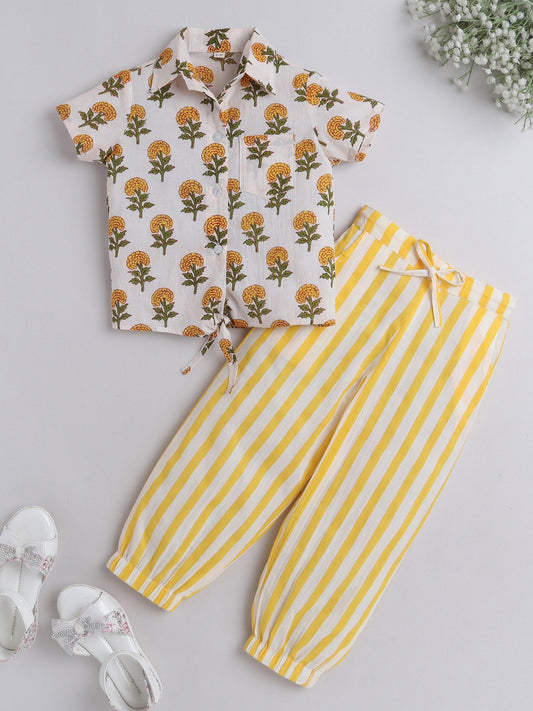 The Magic Wand Hand Block Printed Cotton Half Sleeves Tie up Shirt and Striped Harem Pant Set For Girls Yellow