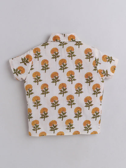 The Magic Wand Hand Block Printed Cotton Half Sleeves Tie up Shirt and Striped Harem Pant Set For Girls Yellow