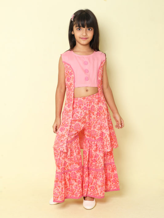 Indo Western Lace Embelished Floral Printed Sleeveless Contrast Buttons Kurta and Sharara Set-Pink,Peach