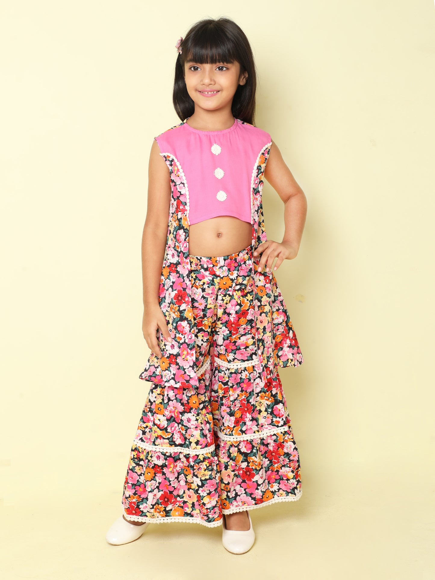 Indo Western Lace Embelished Floral Printed Sleeveless Contrast Buttons Kurta and Sharara Set-Light Pink