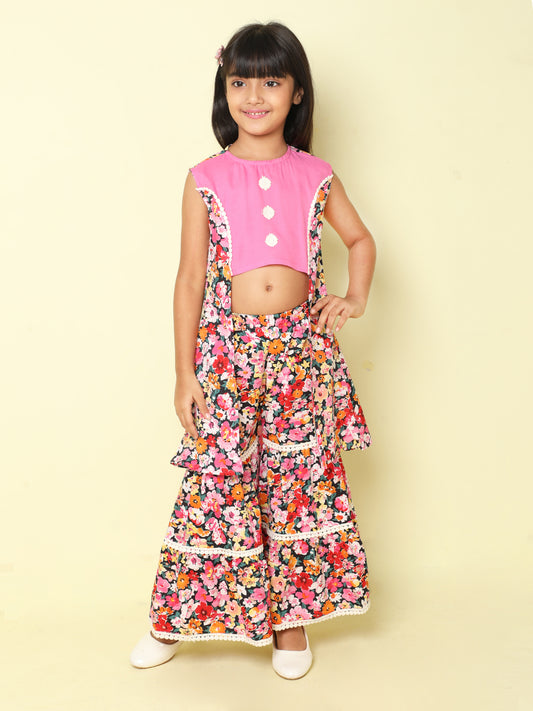 Indo Western Lace Embelished Floral Printed Sleeveless Contrast Buttons Kurta and Sharara Set-Light Pink