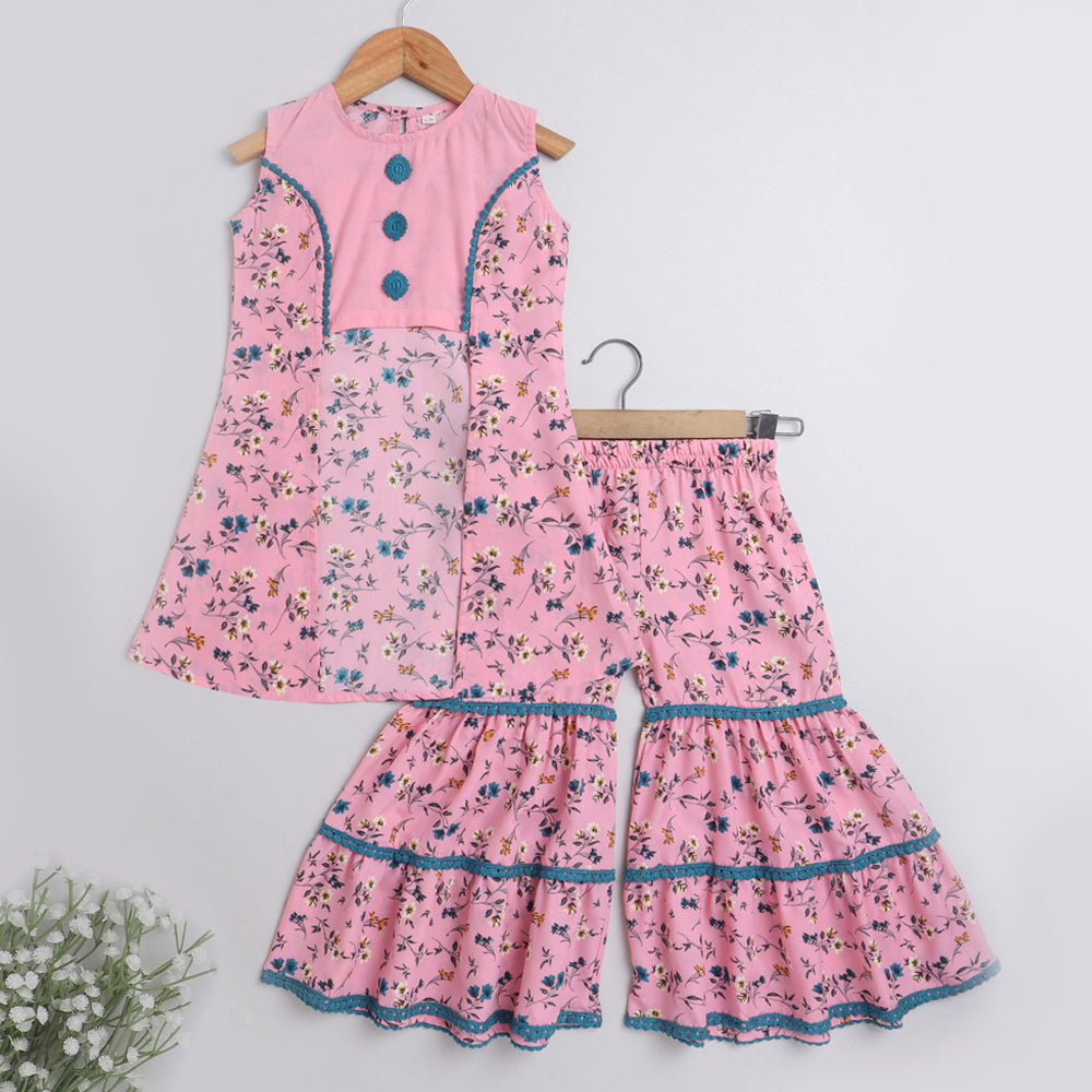 Indo Western Lace Embelished Floral Printed Sleeveless Contrast Buttons Kurta and Sharara Set-Pink,Blue