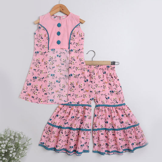 Indo Western Lace Embelished Floral Printed Sleeveless Contrast Buttons Kurta and Sharara Set-Pink,Blue