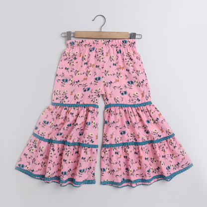 Indo Western Lace Embelished Floral Printed Sleeveless Contrast Buttons Kurta and Sharara Set-Pink,Blue