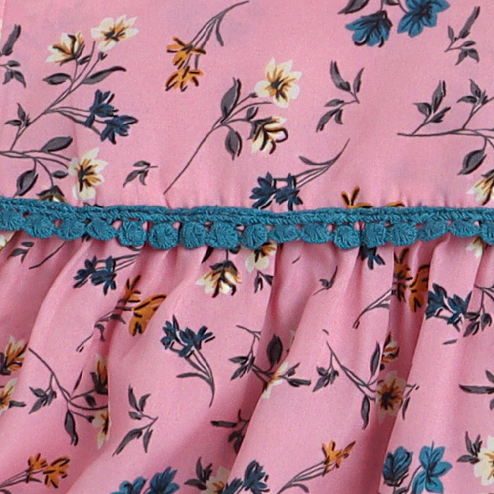Indo Western Lace Embelished Floral Printed Sleeveless Contrast Buttons Kurta and Sharara Set-Pink,Blue