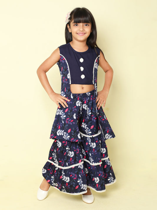 Indo Western Lace Embelished Floral Printed Sleeveless Contrast Buttons Kurta and Sharara Set-Navy Blue