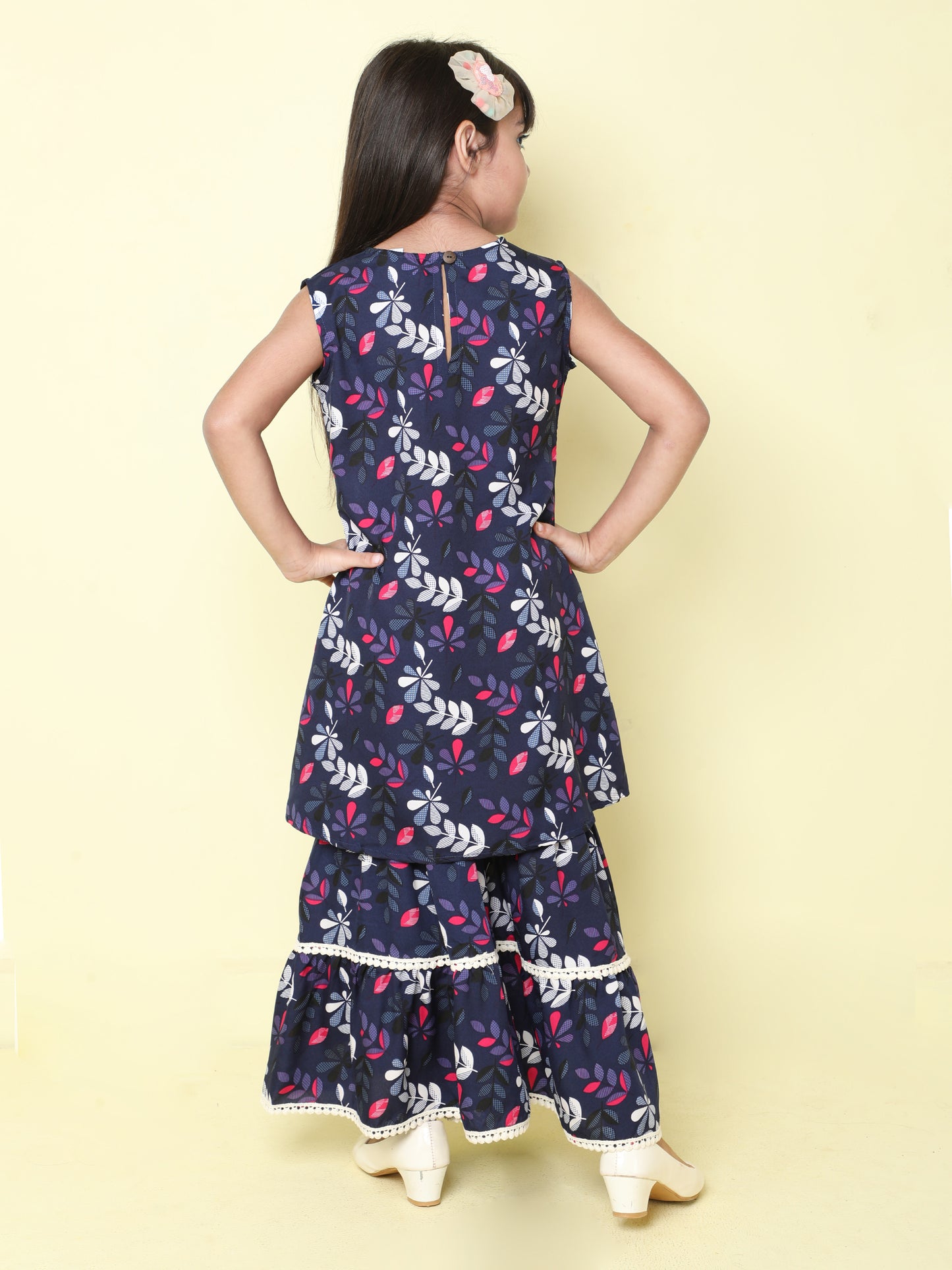 Indo Western Lace Embelished Floral Printed Sleeveless Contrast Buttons Kurta and Sharara Set-Navy Blue