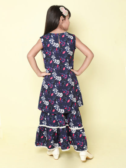 Indo Western Lace Embelished Floral Printed Sleeveless Contrast Buttons Kurta and Sharara Set-Navy Blue