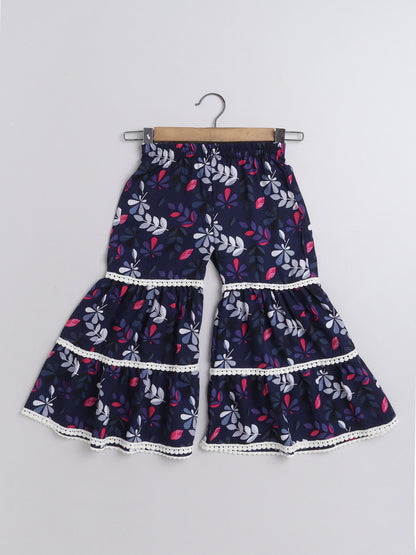 Indo Western Lace Embelished Floral Printed Sleeveless Contrast Buttons Kurta and Sharara Set-Navy Blue