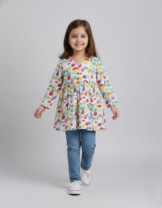 The Magic Wand Holi Festival Theme Printed Colourful Gathered Elbow  Sleeves V-Neck Top For Girls-White, Multi