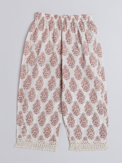 Tassel Laced Floral Printed 3/4Th Sleeves Kurta With Pants-Off White