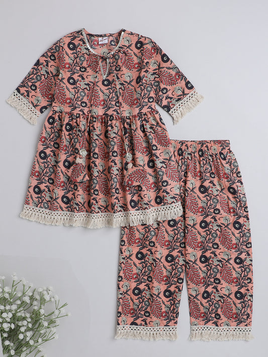 Tassel Laced Floral Printed 3/4Th Sleeves Kurta With Pants-Peach
