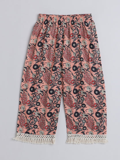 Tassel Laced Floral Printed 3/4Th Sleeves Kurta With Pants-Peach