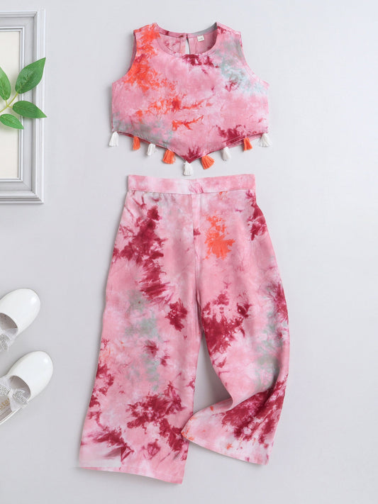 The Magic Wand Tie & Dye Printed Sleeveless Top With Tassels and Pant Set Co ord Set For Girls Multi