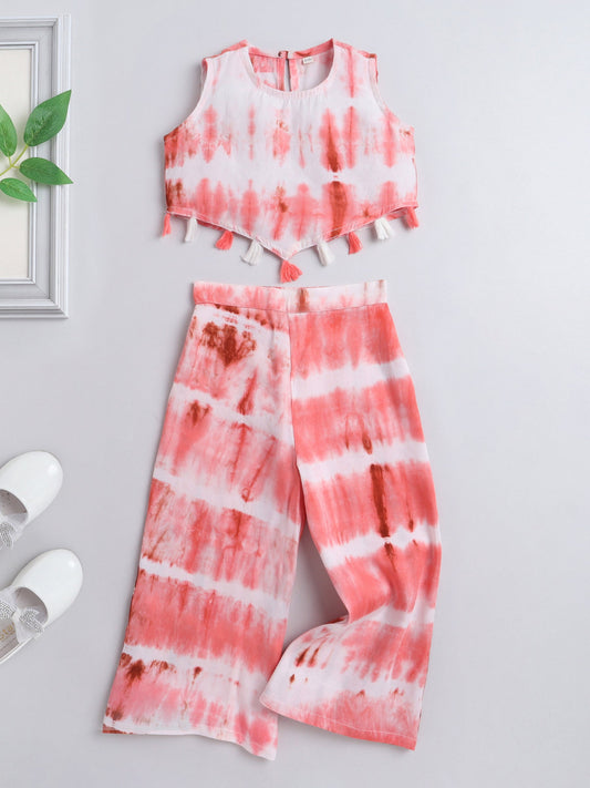 The Magic Wand Tie & Dye Printed Sleeveless Top With Tassels and Pant Set Co ord Set For Girls Peach