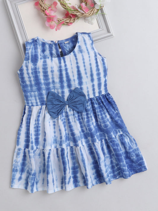 The Magic Wand Attractive Tie & Dye Comfortable Tiered Dress For Girls With Bow   Blue