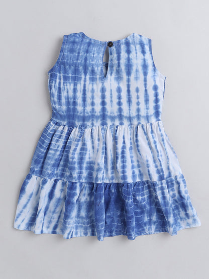 The Magic Wand Attractive Tie & Dye Comfortable Tiered Dress For Girls With Bow   Blue
