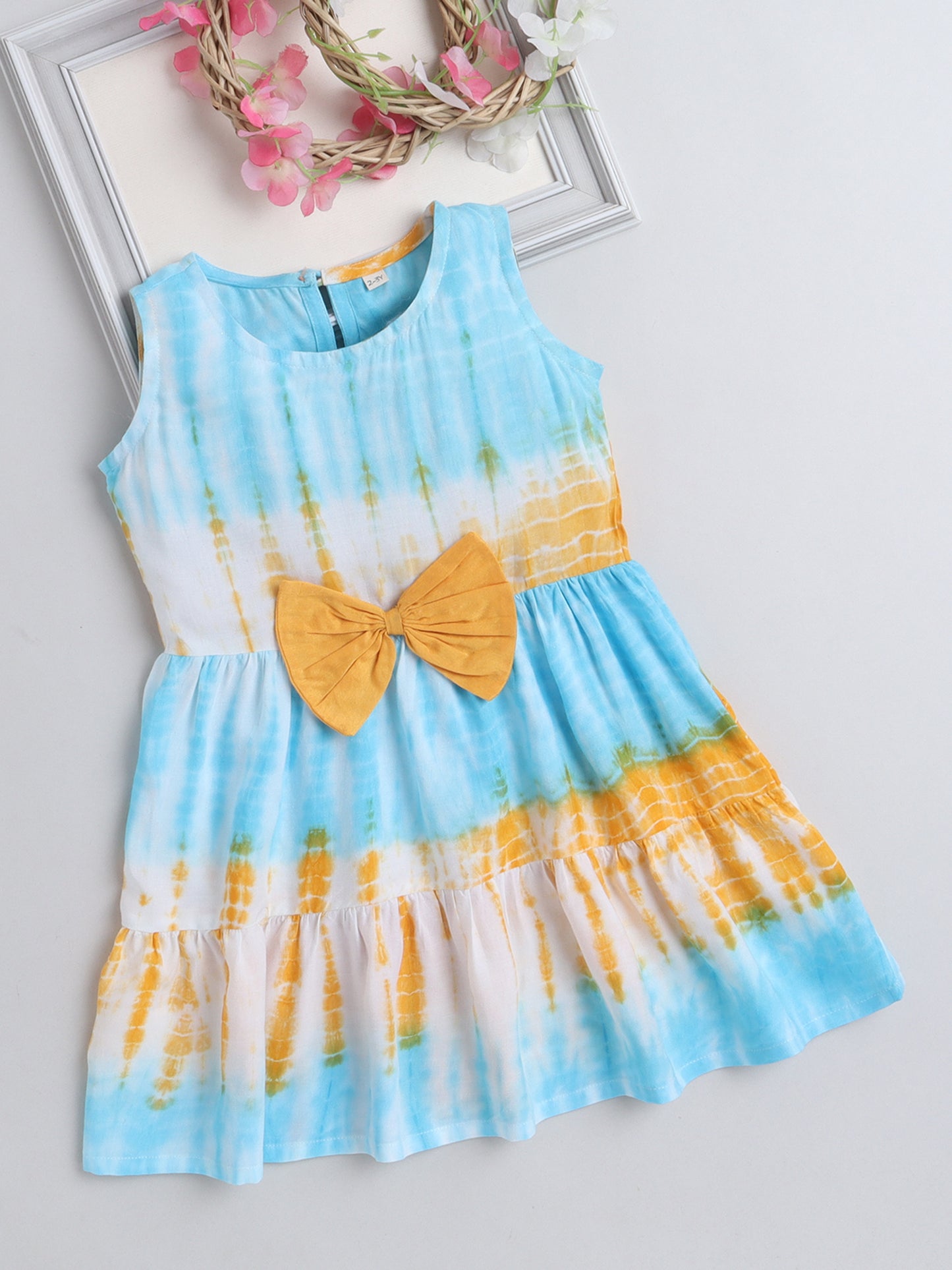 The Magic Wand Woven Sleeveless Tie & Dye Gathered Dress With Bow - Turquoise