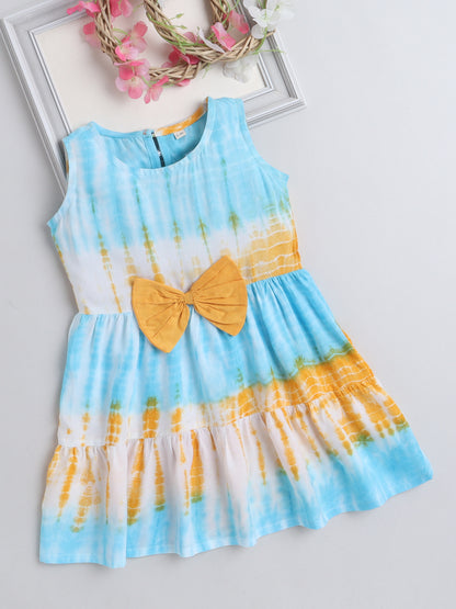 The Magic Wand Woven Sleeveless Tie & Dye Gathered Dress With Bow - Turquoise