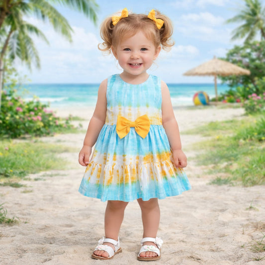 The Magic Wand Woven Sleeveless Tie & Dye Gathered Dress With Bow - Turquoise