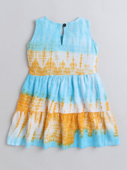 The Magic Wand Woven Sleeveless Tie & Dye Gathered Dress With Bow - Turquoise