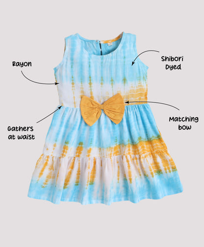 The Magic Wand Woven Sleeveless Tie & Dye Gathered Dress With Bow - Turquoise