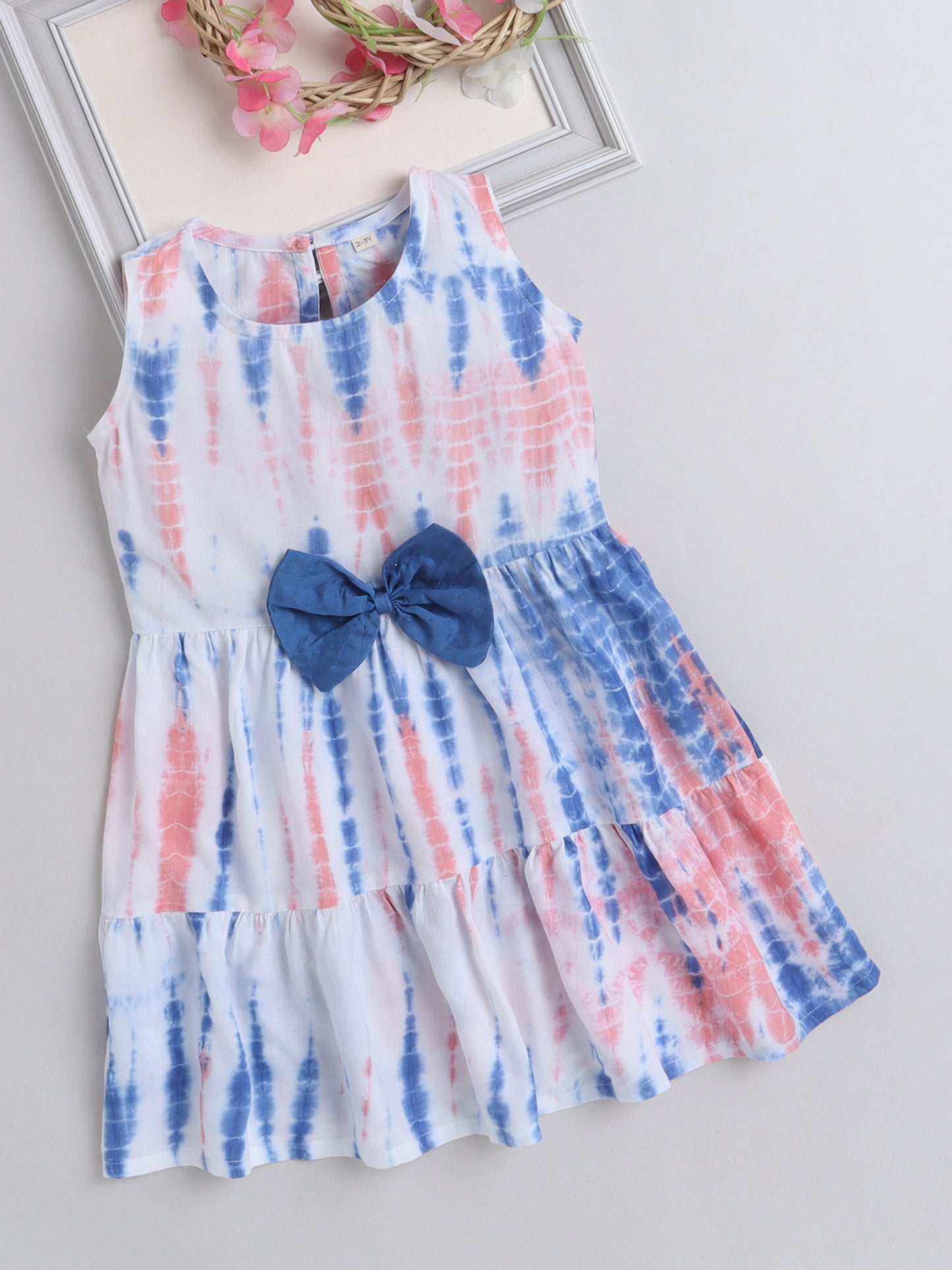 The Magic Wand Woven Sleeveless Tie & Dye Gathered Dress With Bow - Peach