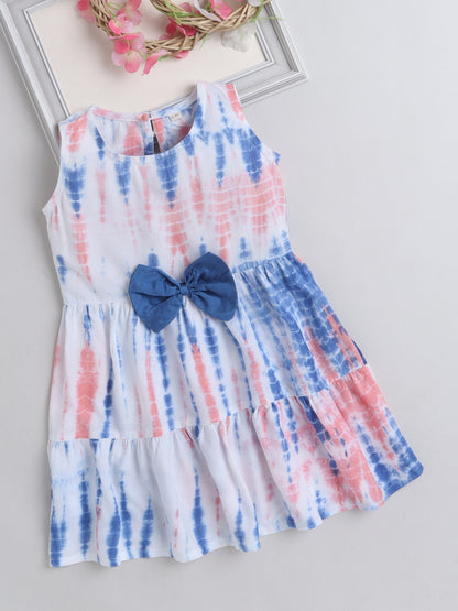 The Magic Wand Woven Sleeveless Tie & Dye Gathered Dress With Bow - Peach