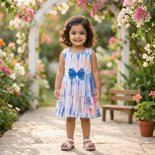 The Magic Wand Woven Sleeveless Tie & Dye Gathered Dress With Bow - Peach