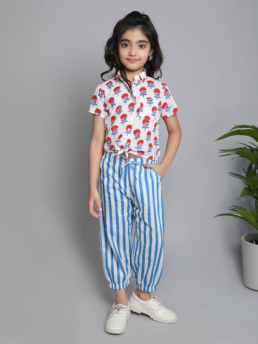 Hand Block Printed Cotton Short Sleeves Tie up Shirt and Striped Harem Pant Set For Girls Red