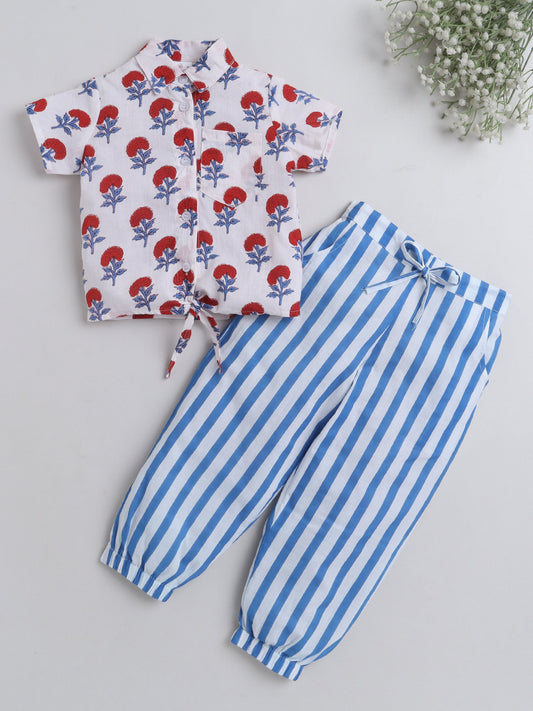 Hand Block Printed Cotton Short Sleeves Tie-up Shirt and Striped Harem Pant Set For Girls-Red
