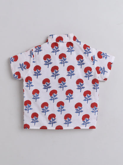 Hand Block Printed Cotton Short Sleeves Tie up Shirt and Striped Harem Pant Set For Girls Red