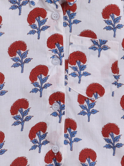 Hand Block Printed Cotton Short Sleeves Tie up Shirt and Striped Harem Pant Set For Girls Red