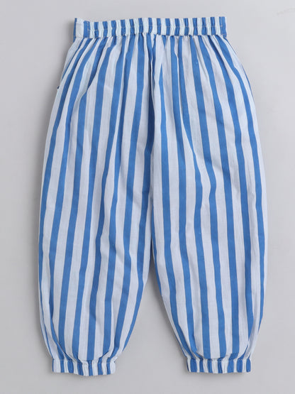 Hand Block Printed Cotton Short Sleeves Tie up Shirt and Striped Harem Pant Set For Girls Red