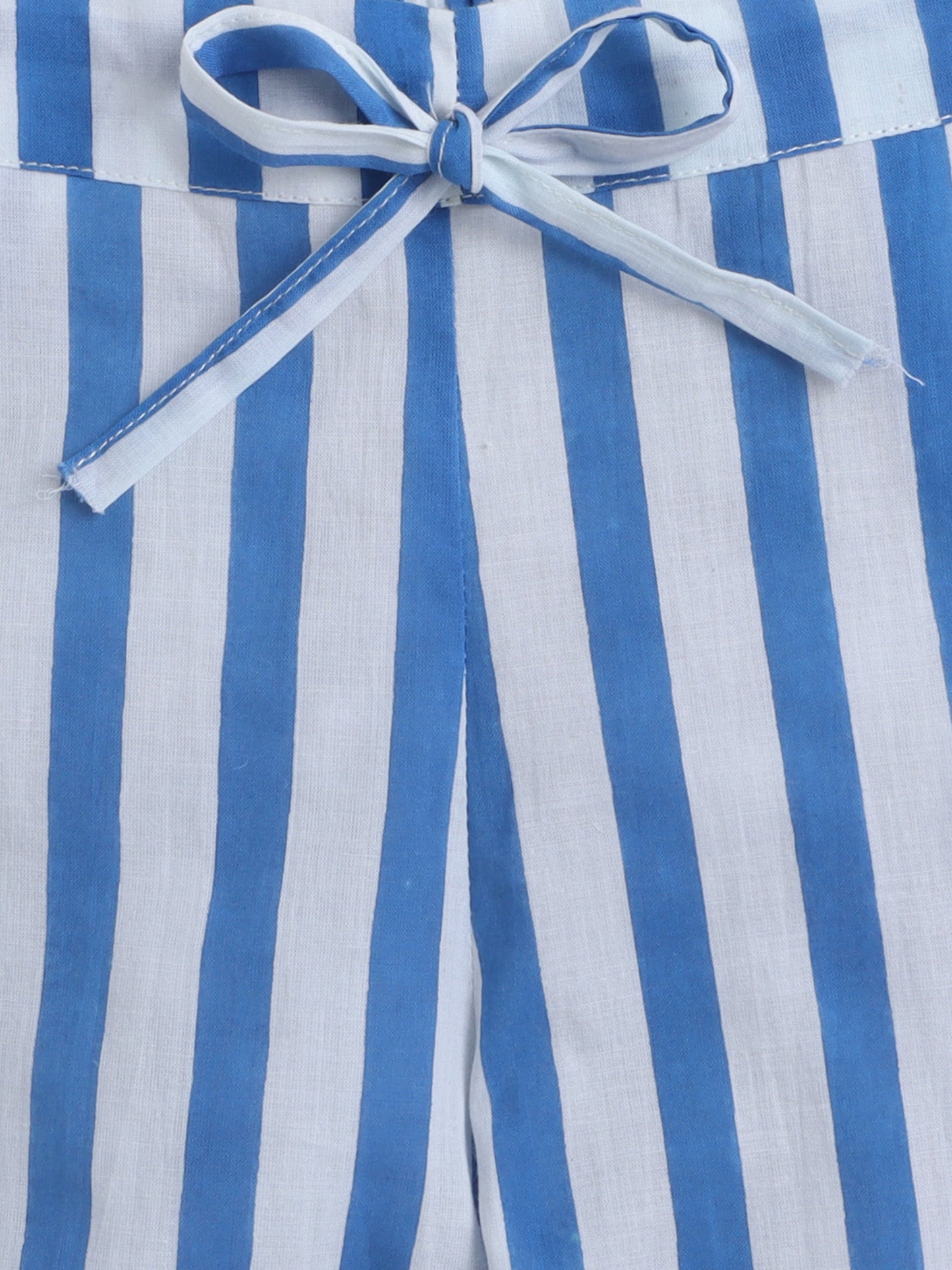 Hand Block Printed Cotton Short Sleeves Tie up Shirt and Striped Harem Pant Set For Girls- Blue