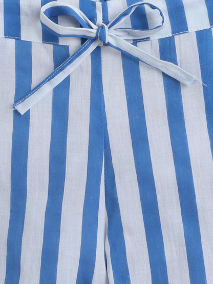 Hand Block Printed Cotton Short Sleeves Tie up Shirt and Striped Harem Pant Set For Girls- Blue