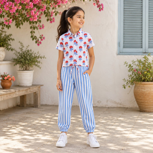 Hand Block Printed Cotton Short Sleeves Tie-up Shirt and Striped Harem Pant Set For Girls-Red