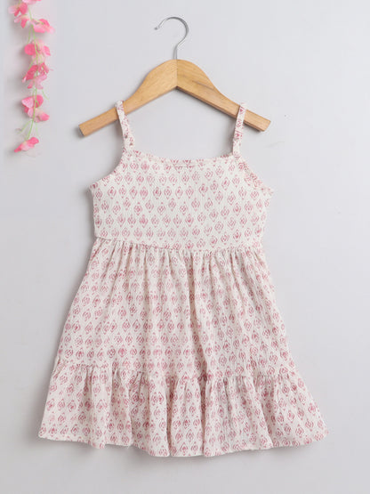 Block printed Singlet Neck sustainable Cotton Dress for Girls - Off White